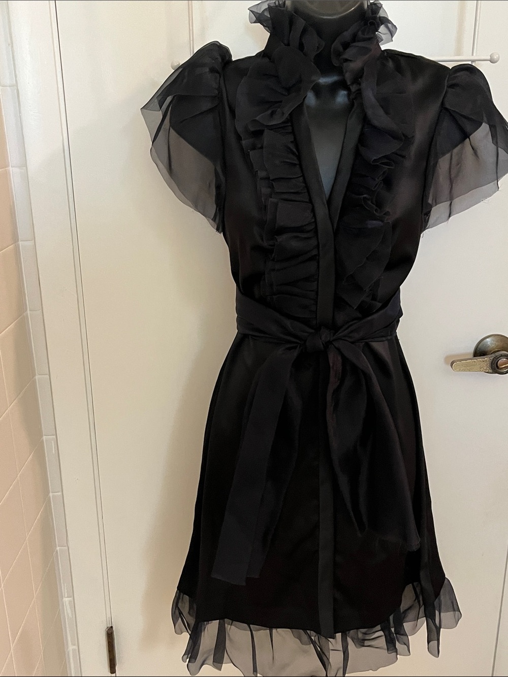 Sheer Ruffle Short-Sleeve Dress- Black Satin